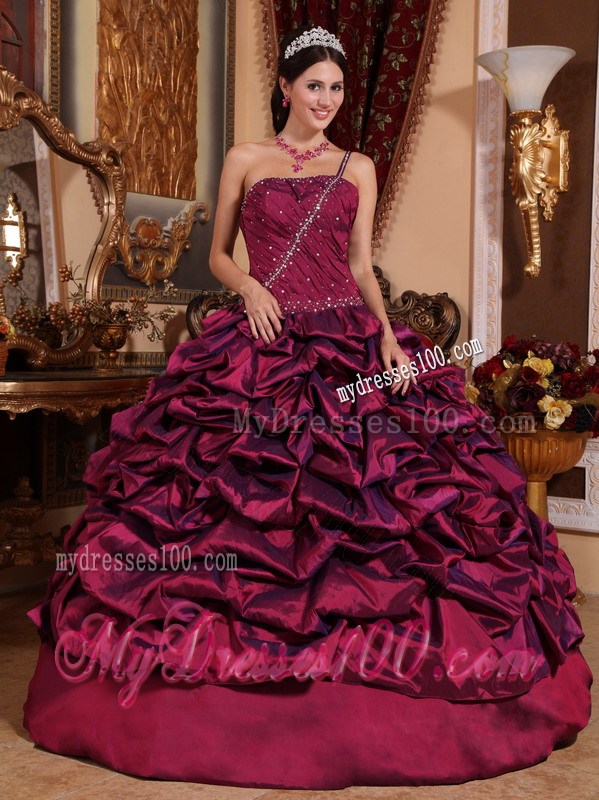 2013 Burgundy One Beaded Shoulder Taffeta Pick-ups Quinceanera Dress