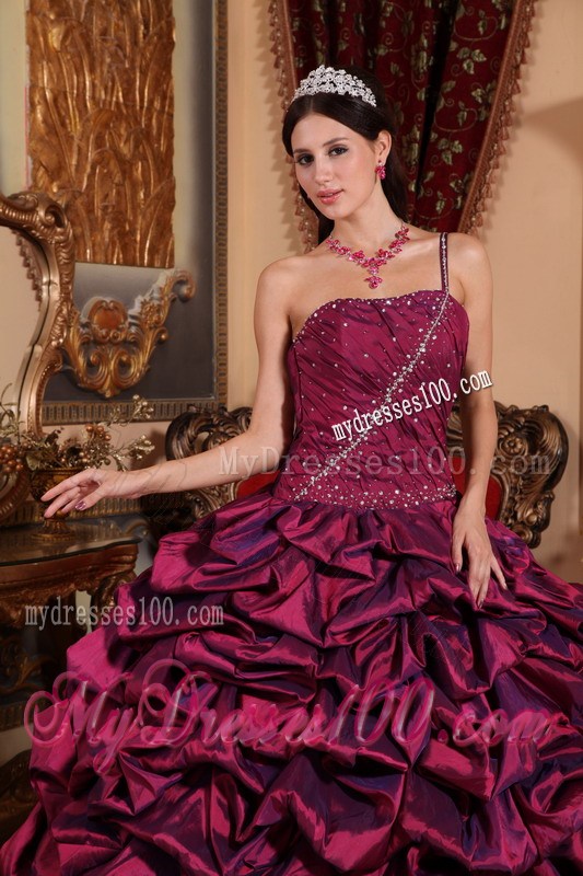 2013 Burgundy One Beaded Shoulder Taffeta Pick-ups Quinceanera Dress