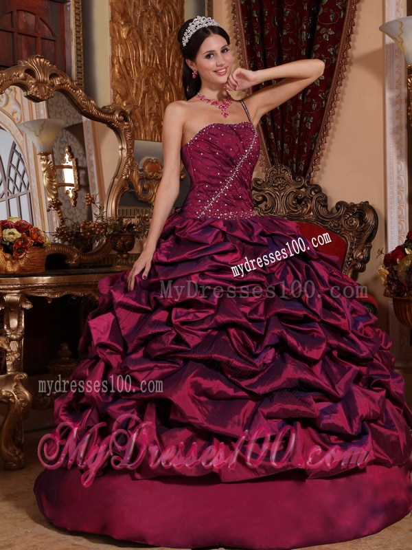 2013 Burgundy One Beaded Shoulder Taffeta Pick-ups Quinceanera Dress
