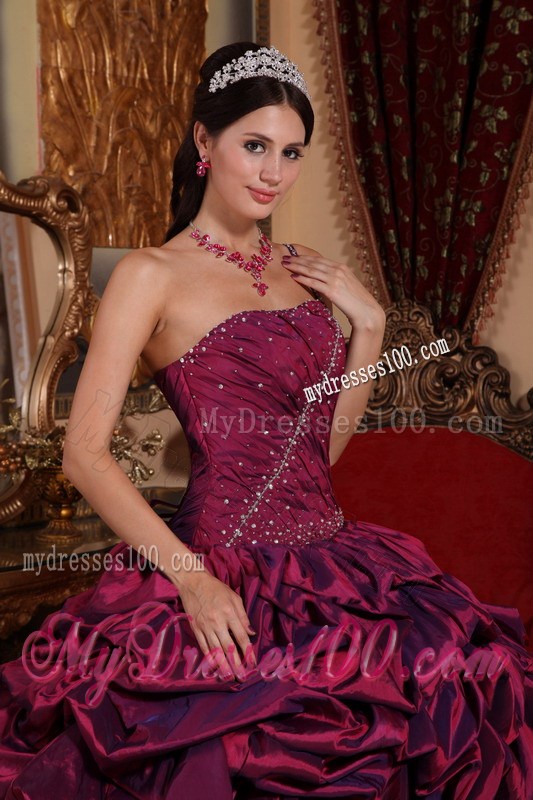 2013 Burgundy One Beaded Shoulder Taffeta Pick-ups Quinceanera Dress