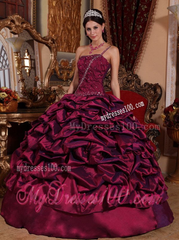 2013 Burgundy One Beaded Shoulder Taffeta Pick-ups Quinceanera Dress