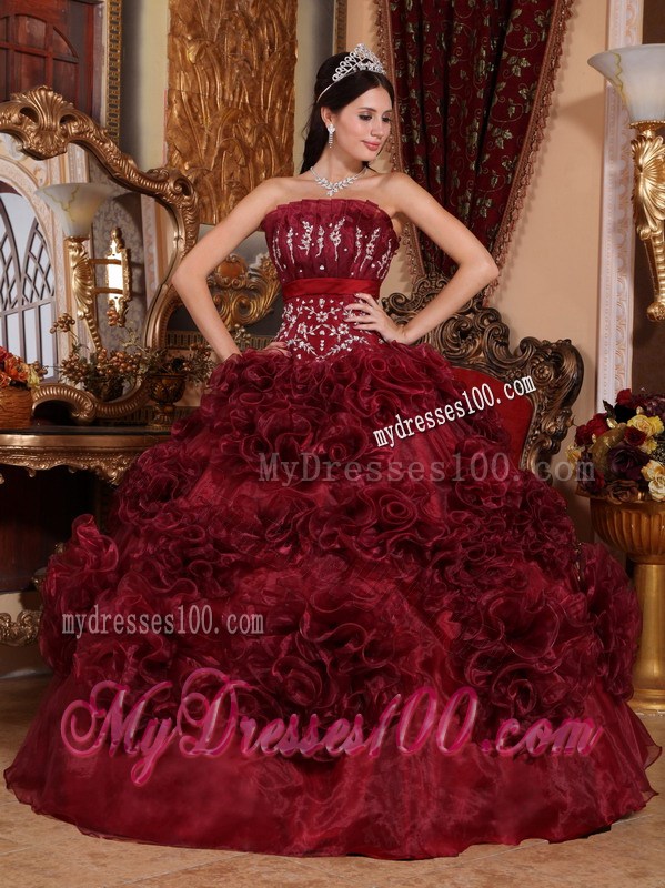 Burgundy Rolling Flowers Ball Gown Decorated with Intricate Lined Embroidery