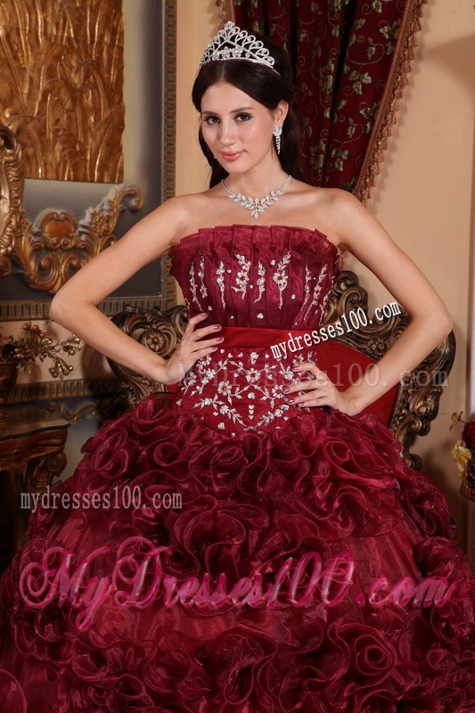 Burgundy Rolling Flowers Ball Gown Decorated with Intricate Lined Embroidery
