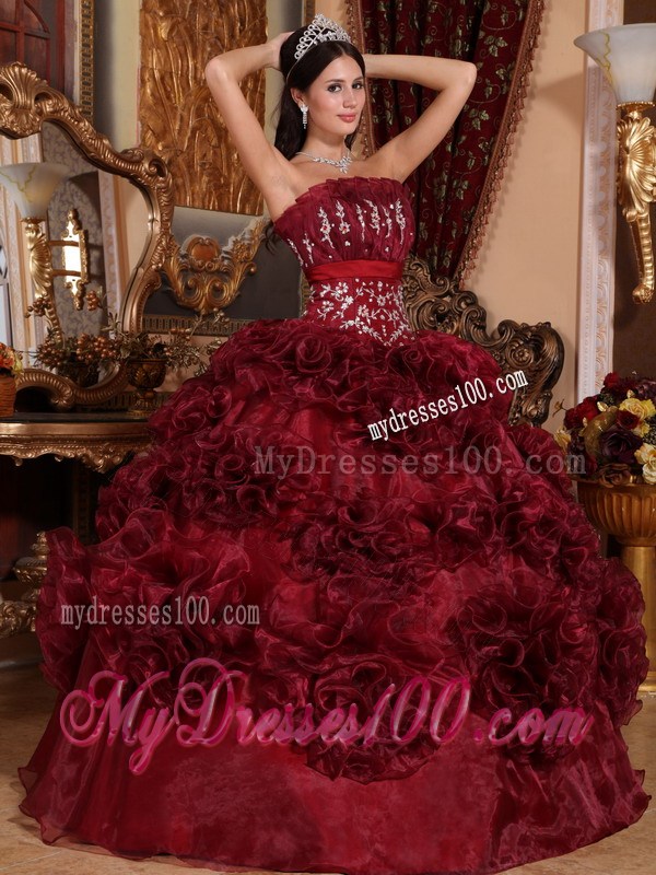 Burgundy Rolling Flowers Ball Gown Decorated with Intricate Lined Embroidery