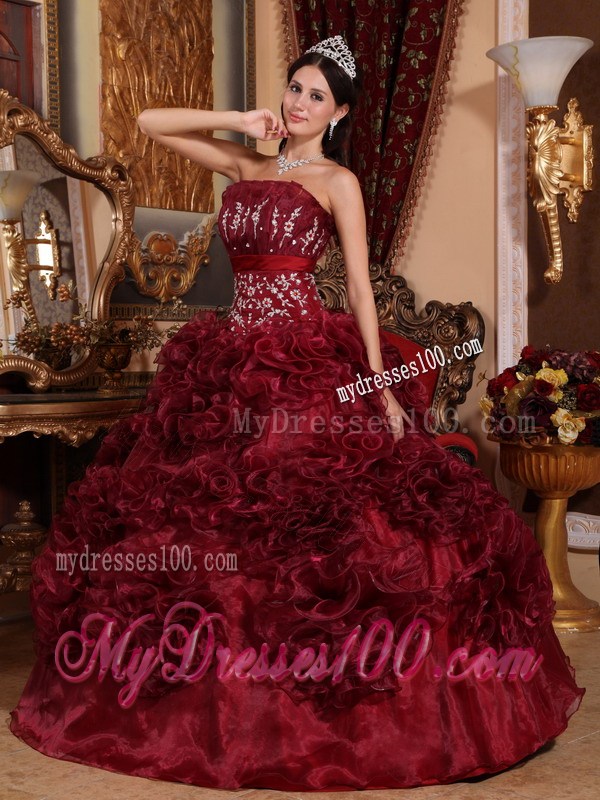 Burgundy Rolling Flowers Ball Gown Decorated with Intricate Lined Embroidery
