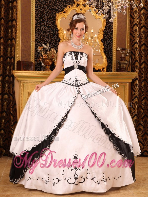 Black and White Satin Quinceanera Dresses with Embroidery and Layers