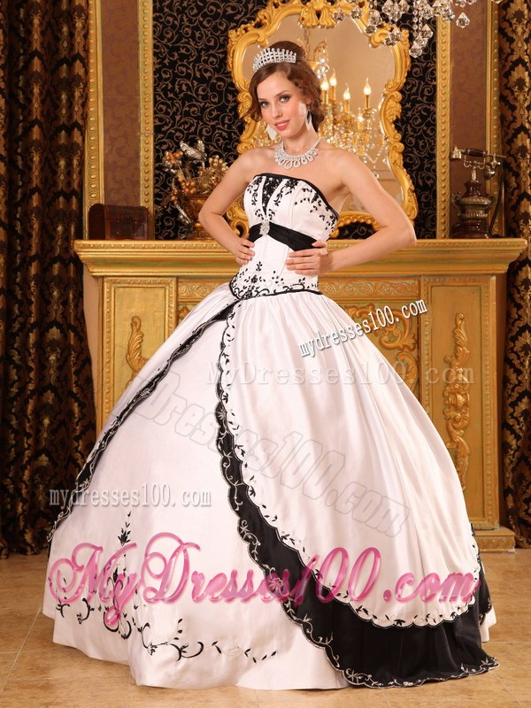 Black and White Satin Quinceanera Dresses with Embroidery and Layers