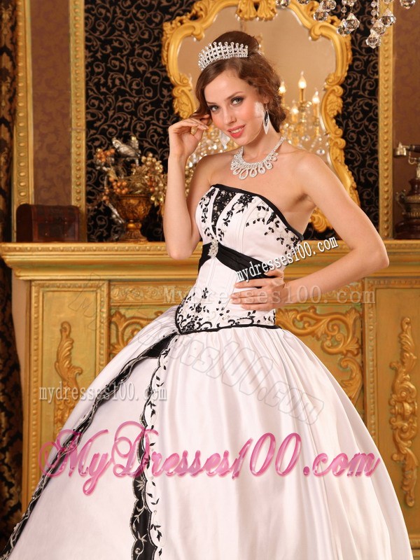 Black and White Satin Quinceanera Dresses with Embroidery and Layers