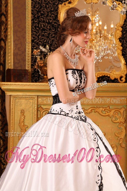 Black and White Satin Quinceanera Dresses with Embroidery and Layers