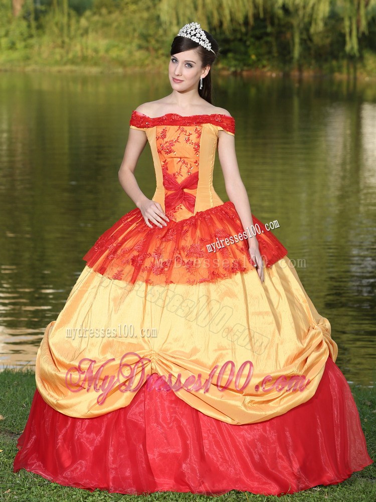 Red and Gold Quinceanera Dresses of off Shoulder and Layers