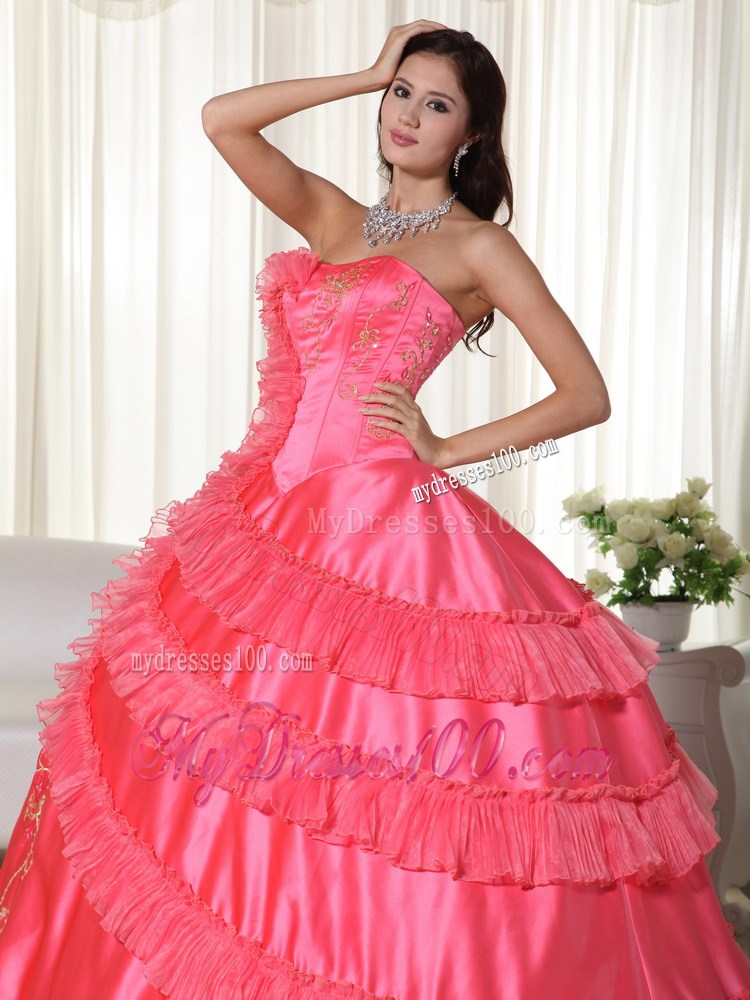 Ruffled Coral Quinceanera Gown Dress with Embroidery and Sweetheart