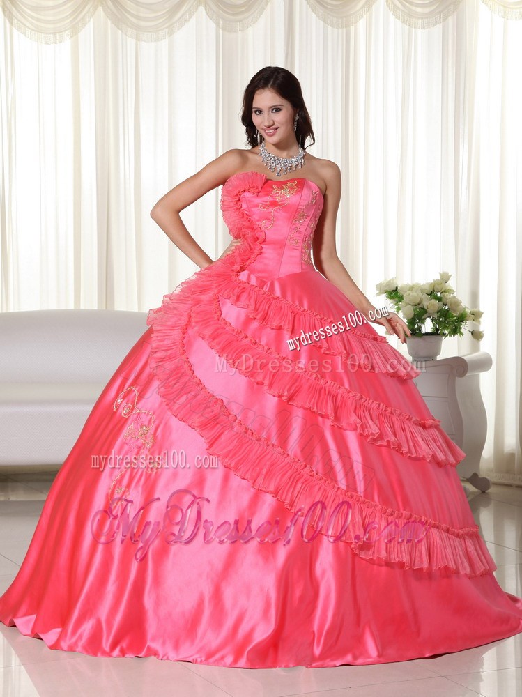 Ruffled Coral Quinceanera Gown Dress with Embroidery and Sweetheart