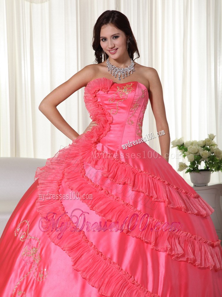 Ruffled Coral Quinceanera Gown Dress with Embroidery and Sweetheart