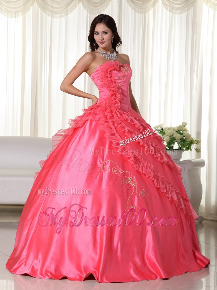 Ruffled Coral Quinceanera Gown Dress with Embroidery and Sweetheart