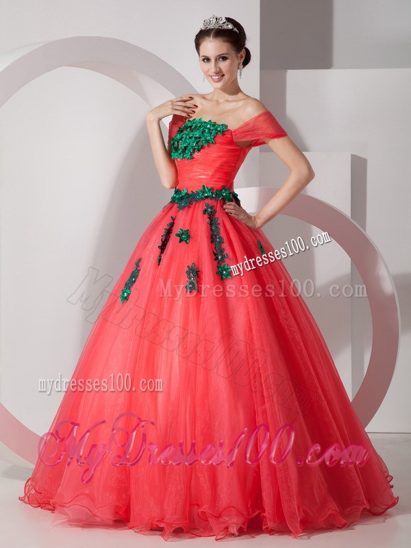Coral Red Off Shoulder Floor-length Quinceanera Dresses with Green Paillettes
