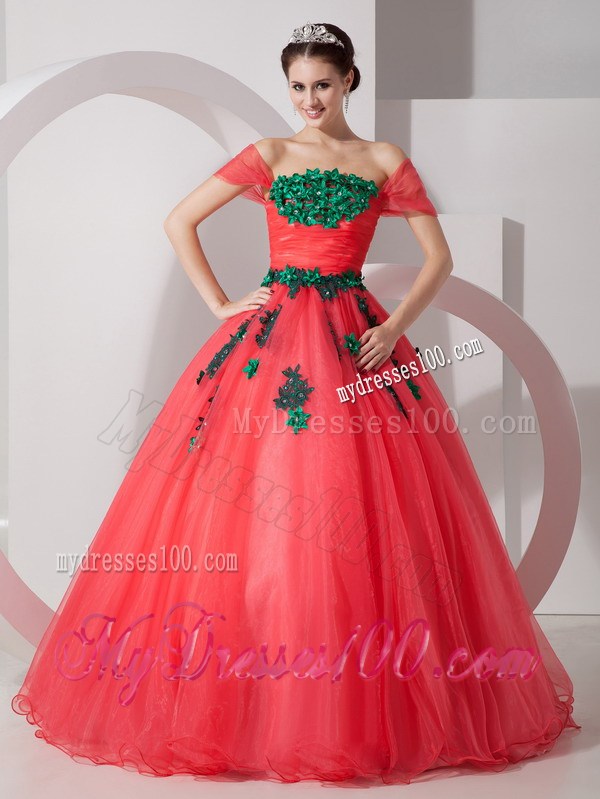 Coral Red Off Shoulder Floor-length Quinceanera Dresses with Green Paillettes