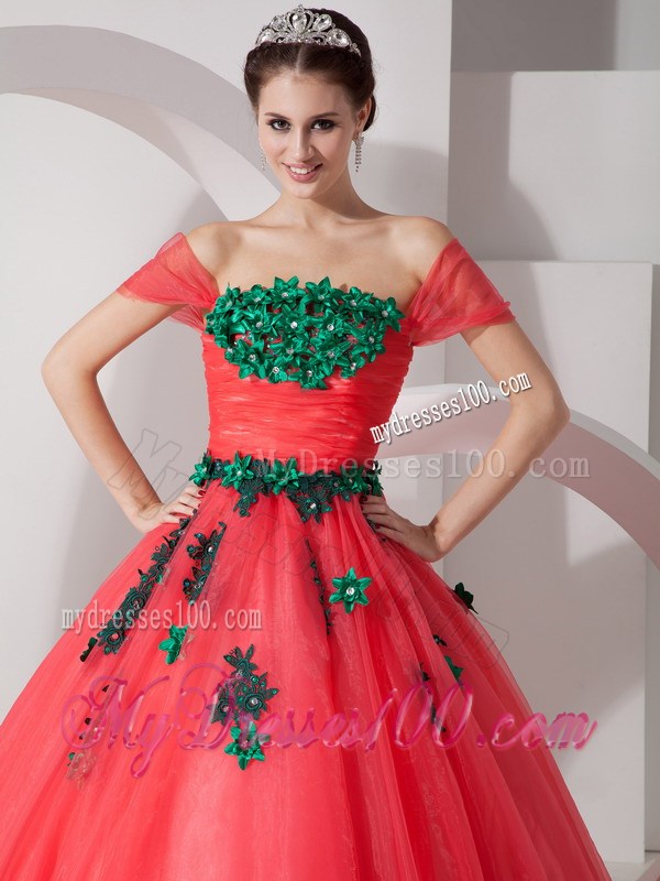 Coral Red Off Shoulder Floor-length Quinceanera Dresses with Green Paillettes