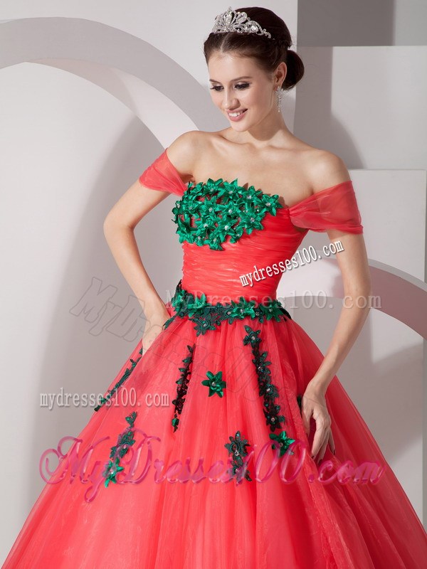 Coral Red Off Shoulder Floor-length Quinceanera Dresses with Green Paillettes