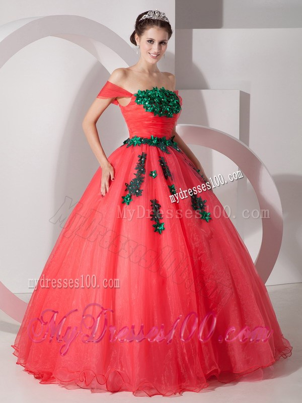 Coral Red Off Shoulder Floor-length Quinceanera Dresses with Green Paillettes