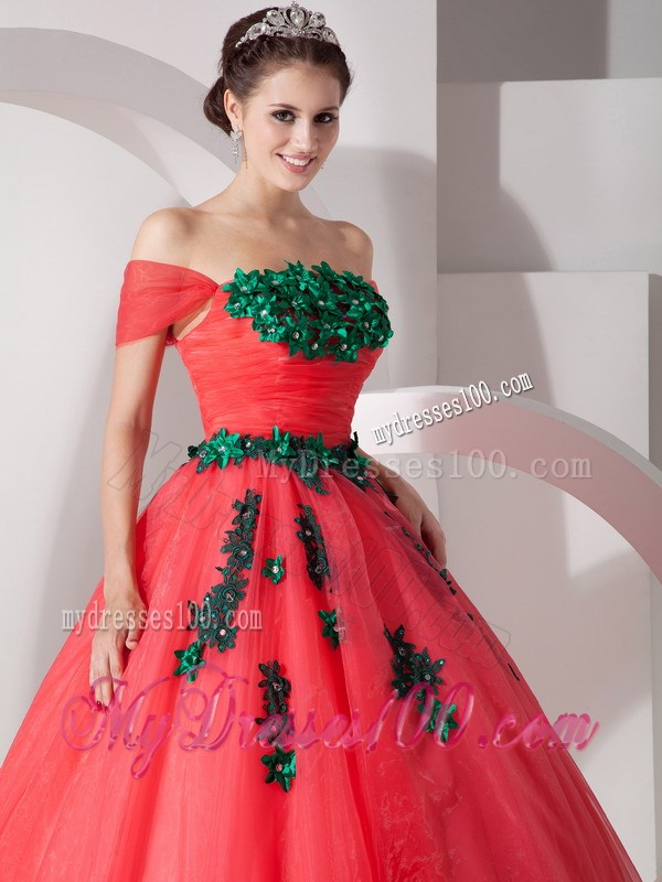Coral Red Off Shoulder Floor-length Quinceanera Dresses with Green Paillettes
