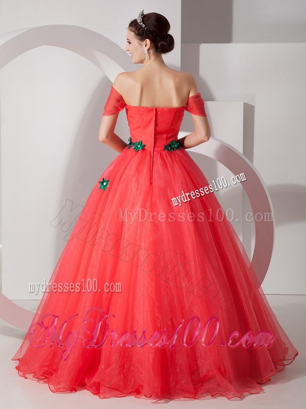 Coral Red Off Shoulder Floor-length Quinceanera Dresses with Green Paillettes