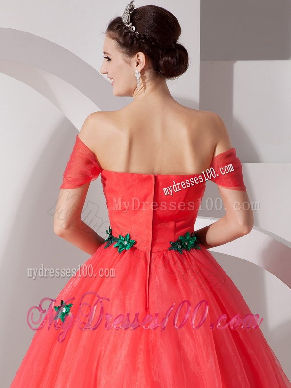 Coral Red Off Shoulder Floor-length Quinceanera Dresses with Green Paillettes