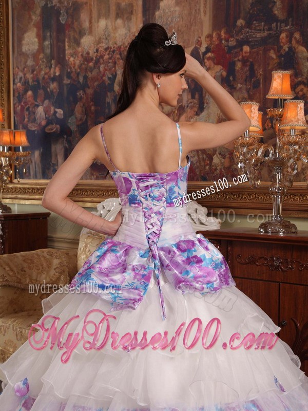 Handmade Flower Print Quinceanera Gowns Ruffle Layers Spaghetti Straps