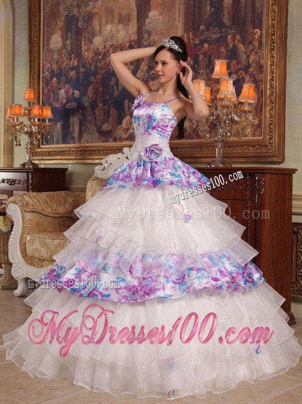 Handmade Flower Print Quinceanera Gowns Ruffle Layers Spaghetti Straps