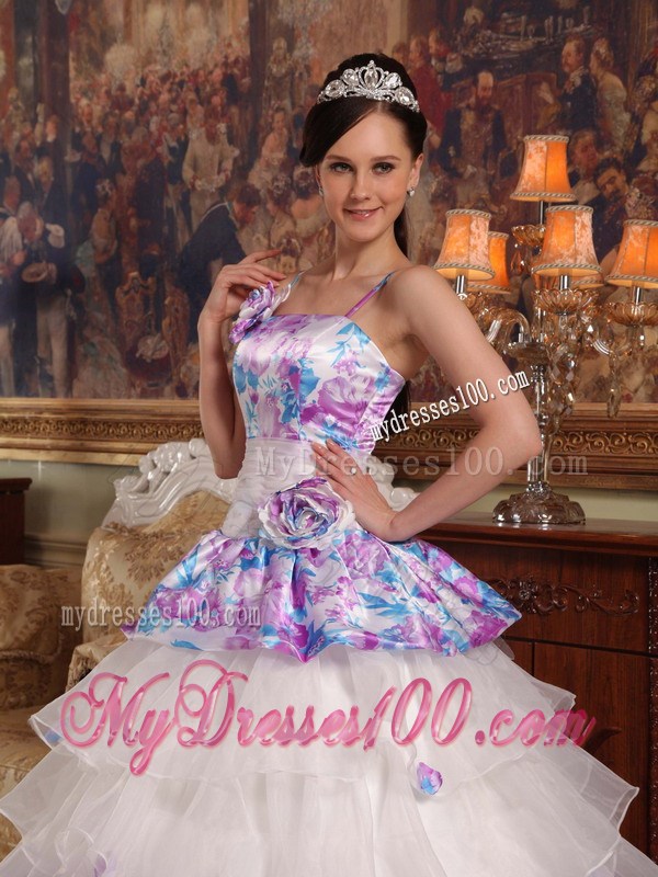Handmade Flower Print Quinceanera Gowns Ruffle Layers Spaghetti Straps