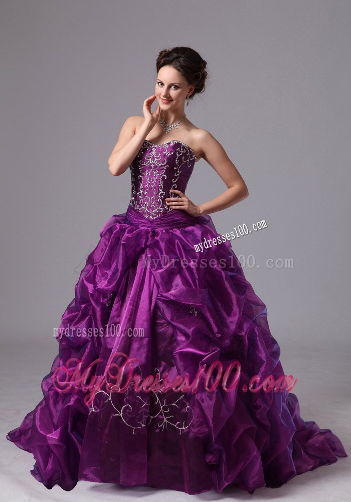 Eggplant Purple Sweep Train Quinceanera Dress with Pick Ups and Embroidery