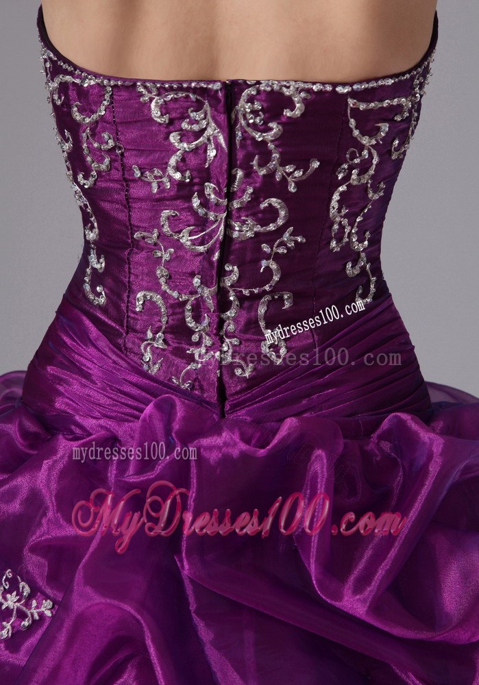 Eggplant Purple Sweep Train Quinceanera Dress with Pick Ups and Embroidery