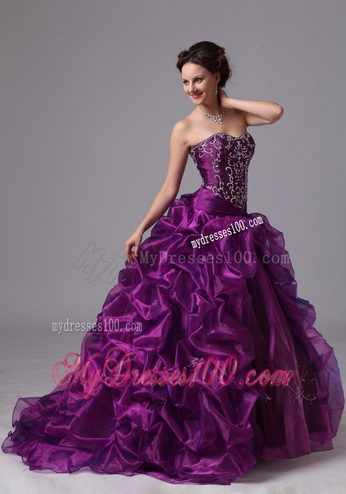 Eggplant Purple Sweep Train Quinceanera Dress with Pick Ups and Embroidery