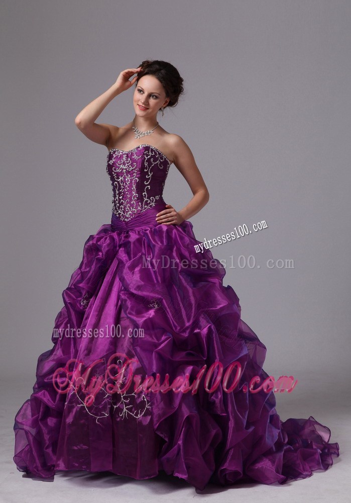 Eggplant Purple Sweep Train Quinceanera Dress with Pick Ups and Embroidery
