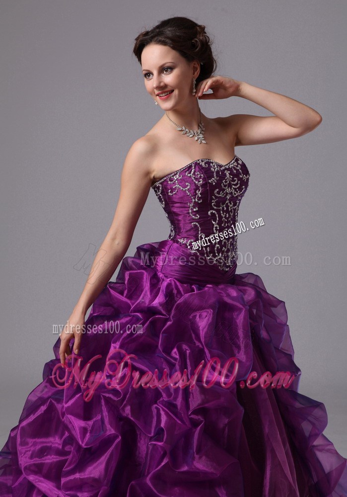 Eggplant Purple Sweep Train Quinceanera Dress with Pick Ups and Embroidery