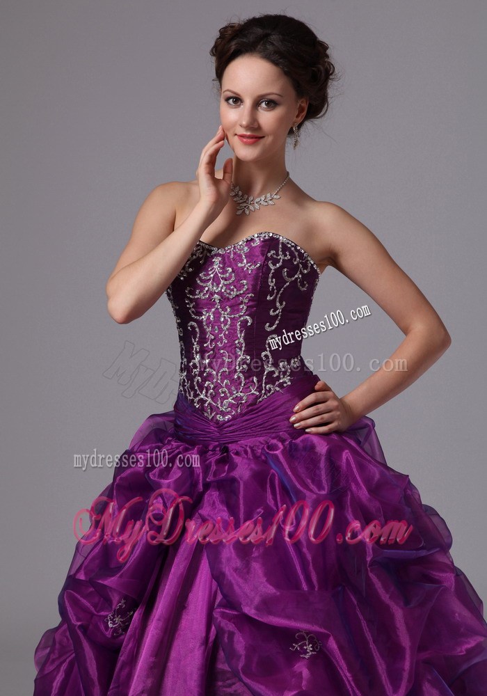 Eggplant Purple Sweep Train Quinceanera Dress with Pick Ups and Embroidery