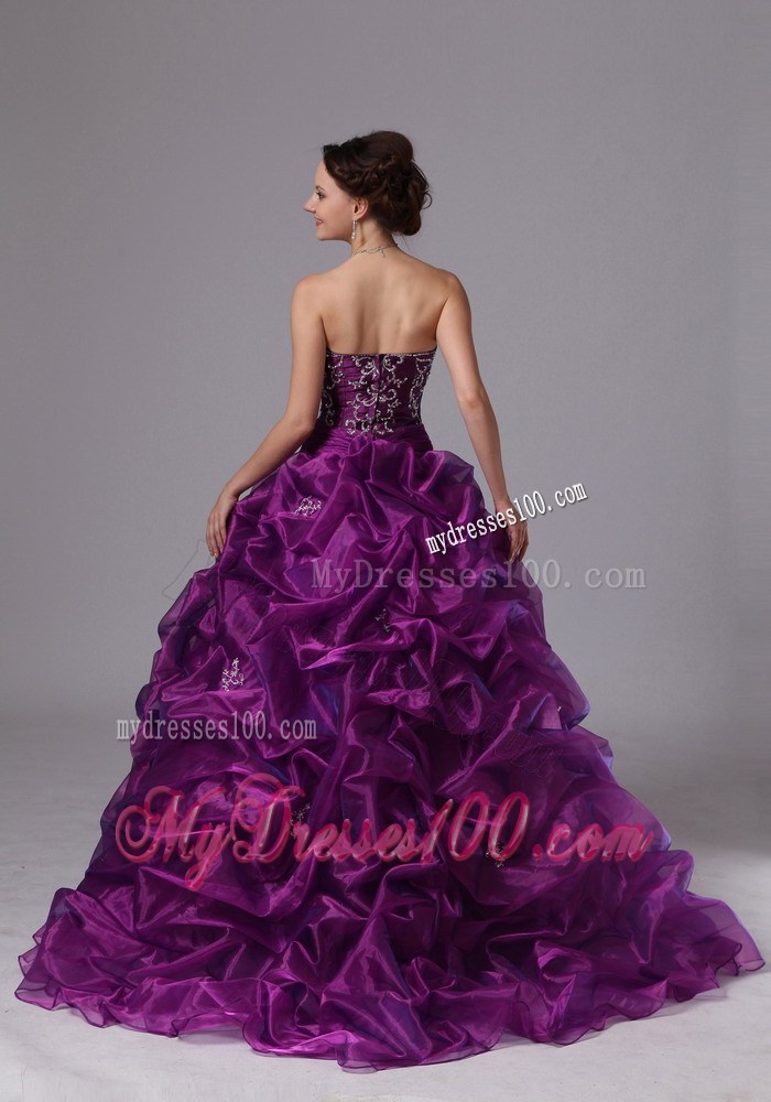 Eggplant Purple Sweep Train Quinceanera Dress with Pick Ups and Embroidery