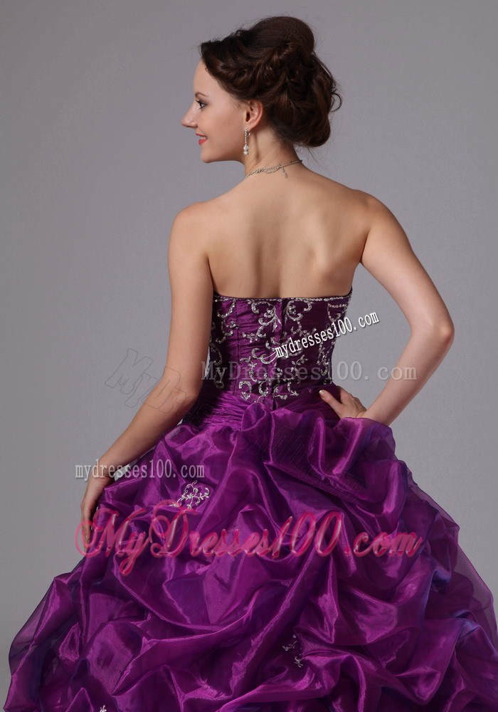 Eggplant Purple Sweep Train Quinceanera Dress with Pick Ups and Embroidery