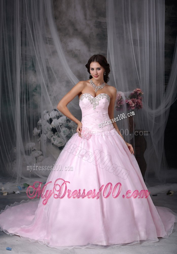 Pink Sweetheart Chapel Train Sweet Sixteen Dress with Appliques and Flowers