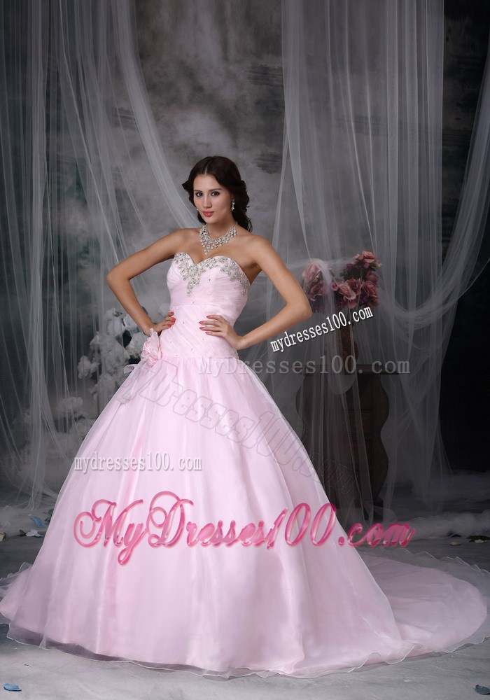 Pink Sweetheart Chapel Train Sweet Sixteen Dress with Appliques and Flowers