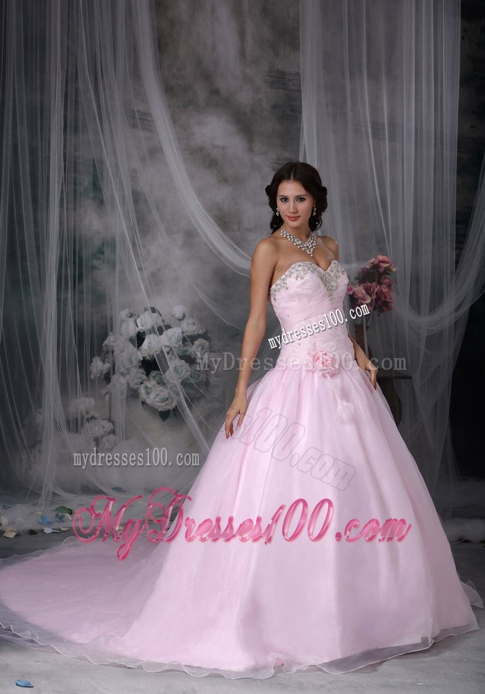 Pink Sweetheart Chapel Train Sweet Sixteen Dress with Appliques and Flowers