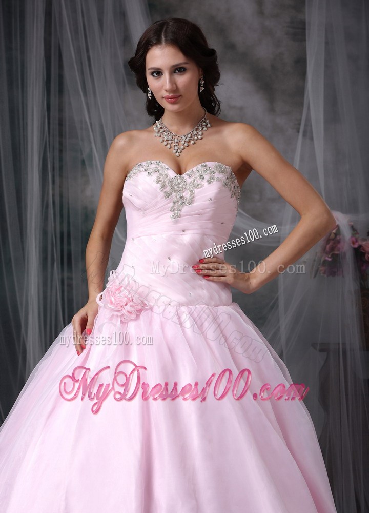 Pink Sweetheart Chapel Train Sweet Sixteen Dress with Appliques and Flowers