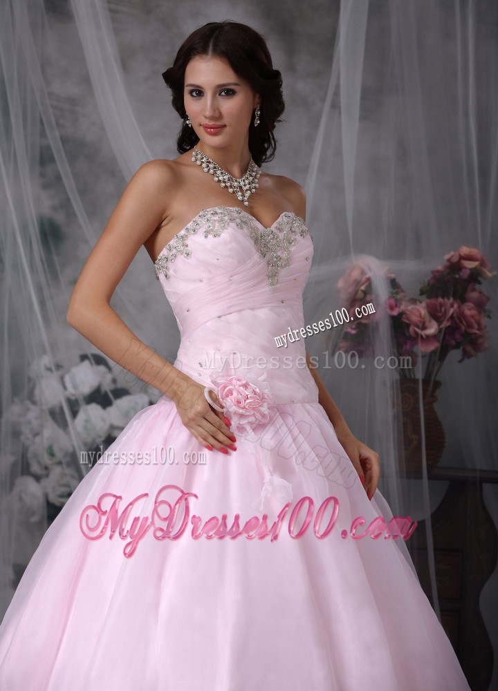 Pink Sweetheart Chapel Train Sweet Sixteen Dress with Appliques and Flowers