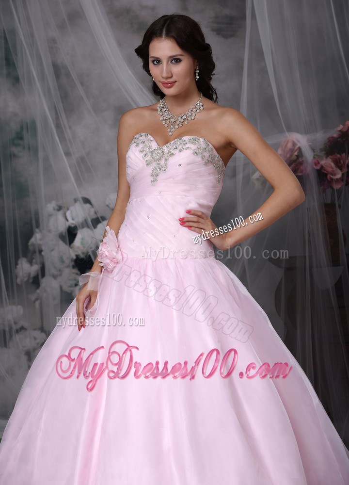 Pink Sweetheart Chapel Train Sweet Sixteen Dress with Appliques and Flowers