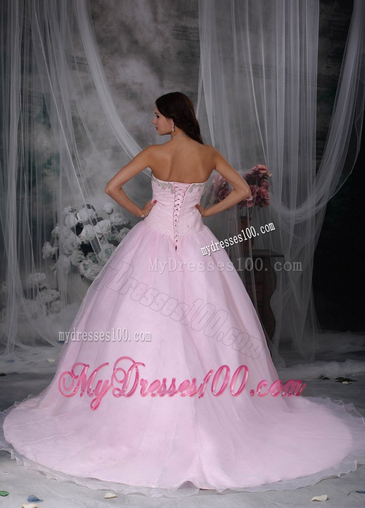 Pink Sweetheart Chapel Train Sweet Sixteen Dress with Appliques and Flowers