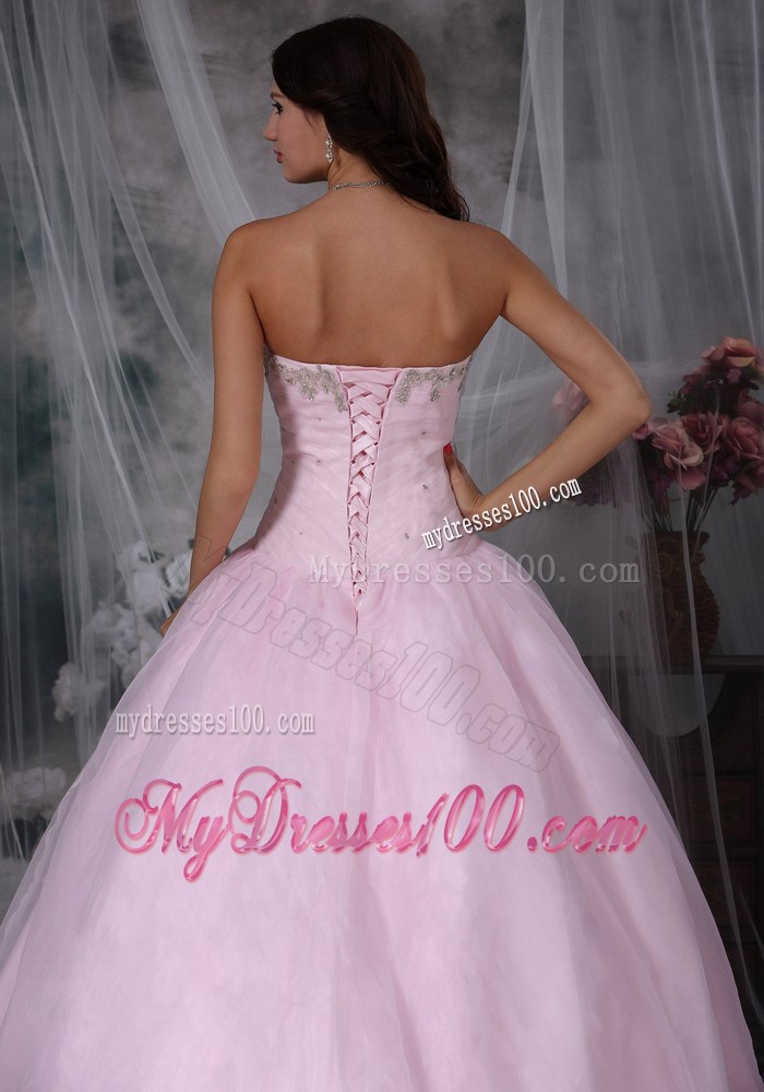 Pink Sweetheart Chapel Train Sweet Sixteen Dress with Appliques and Flowers