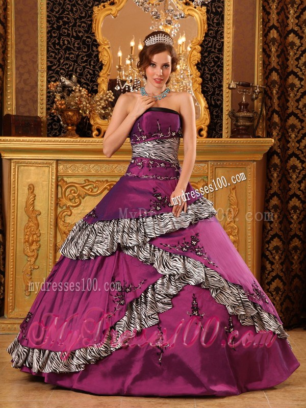 Fuchsia Embroidery Decorate Quinceanera Dresses with Zebra Hem and Waist