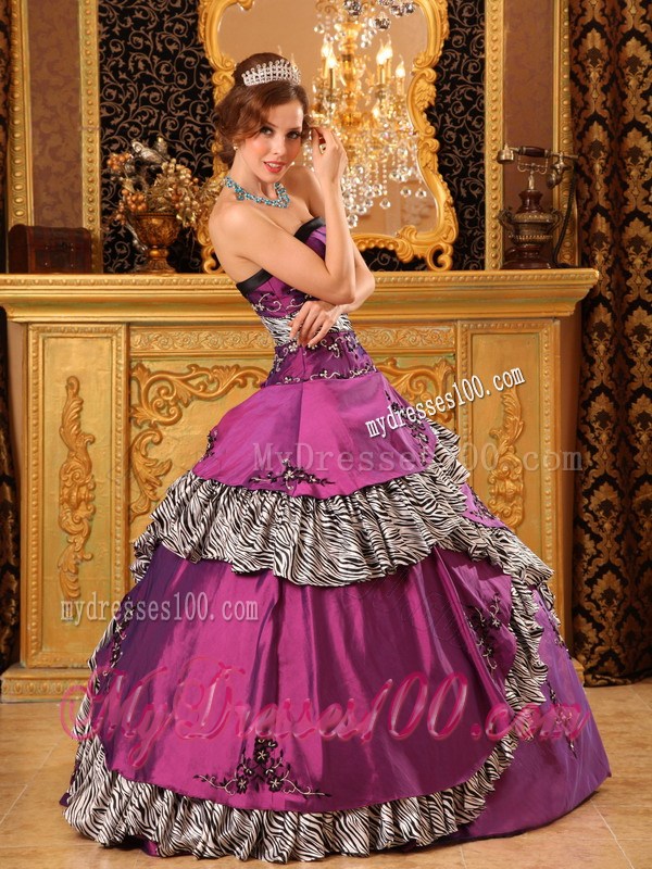 Fuchsia Embroidery Decorate Quinceanera Dresses with Zebra Hem and Waist