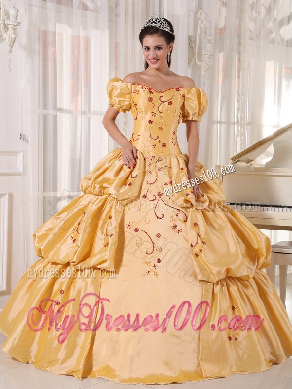 Gold Ball Gown Off Shoulder Quinceanera Gown with Pick-Ups and Embroidery