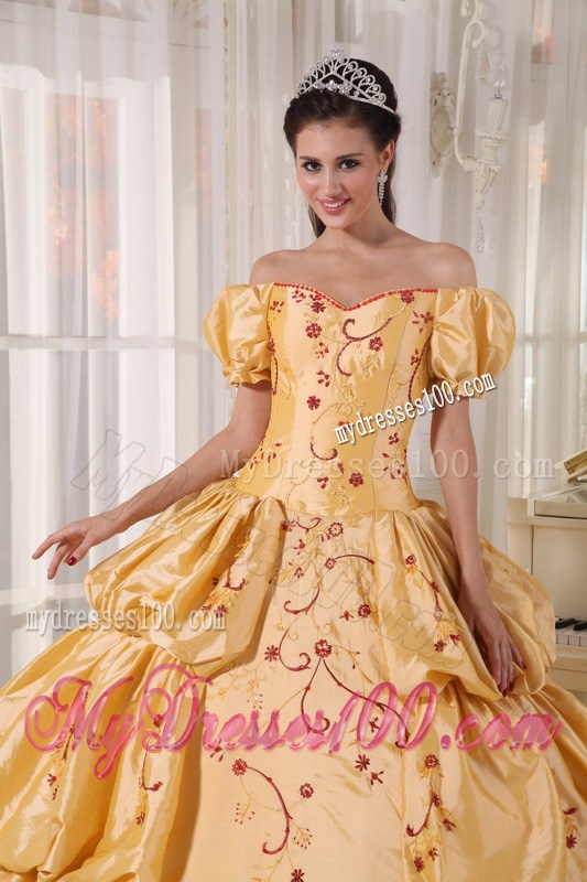 Gold Ball Gown Off Shoulder Quinceanera Gown with Pick-Ups and Embroidery