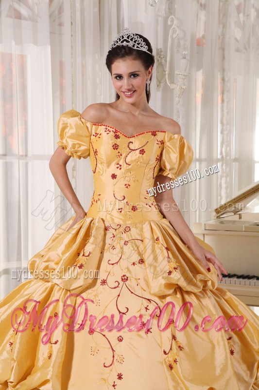 Gold Ball Gown Off Shoulder Quinceanera Gown with Pick-Ups and Embroidery